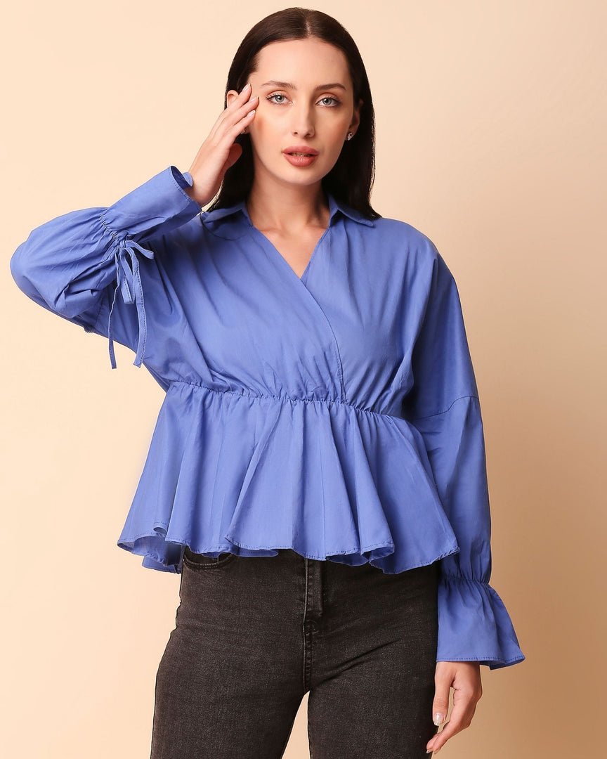 Blue Collared Peplum Top