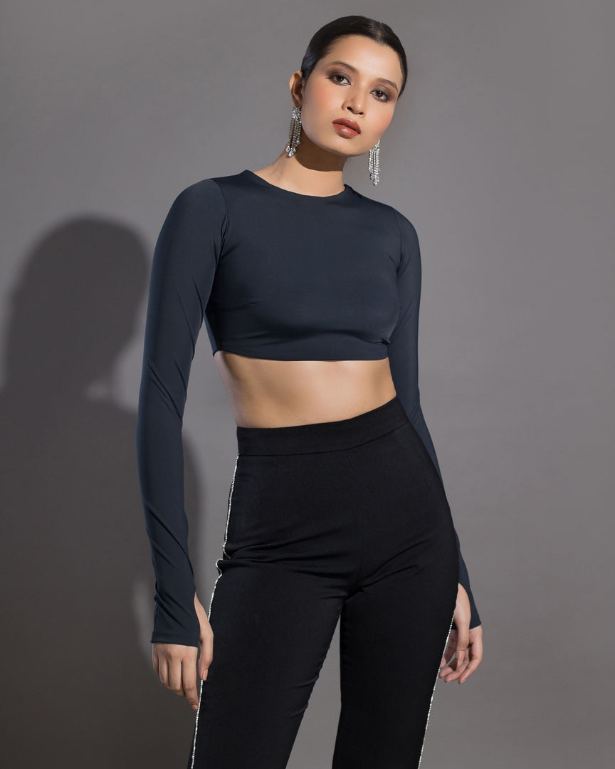 Cutout Full Sleeve Lycra Crop - Black