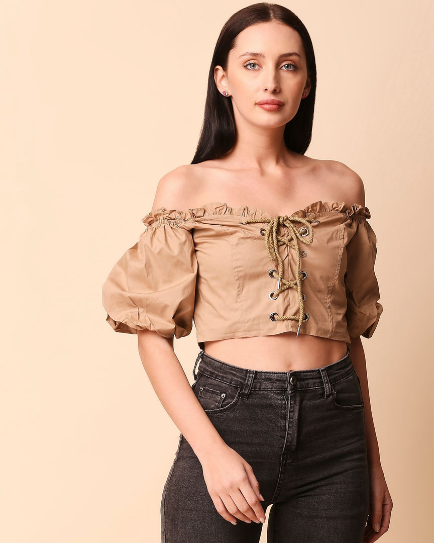 Beige front tie top