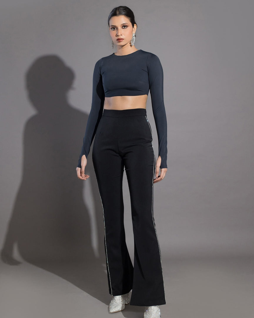 Cutout Full Sleeve Lycra Crop - Black