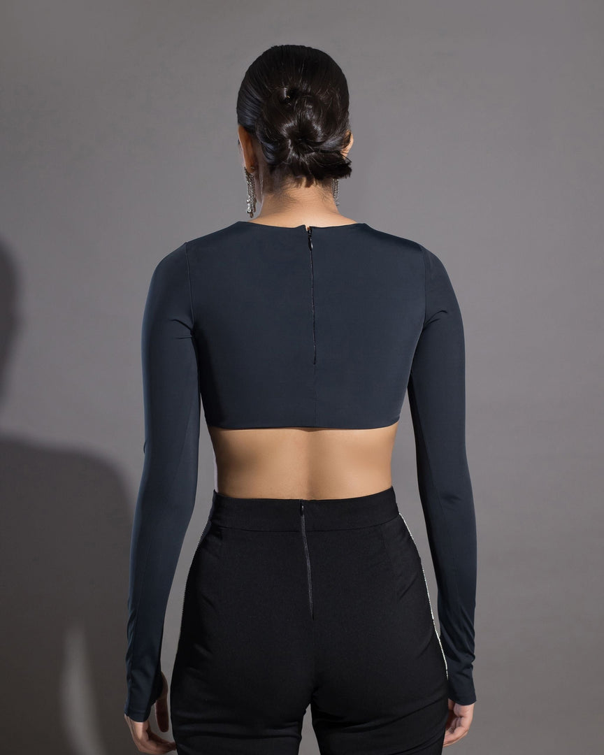 Cutout Full Sleeve Lycra Crop - Black