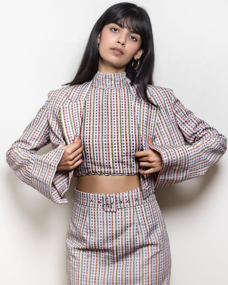 Checkered Cropped Blazer With Crop Top