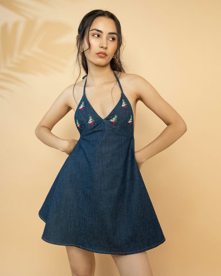 DENIM HALTER MINI DRESS