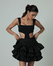 Cutout Bodysuit & Ruffle Mini Skirt Black