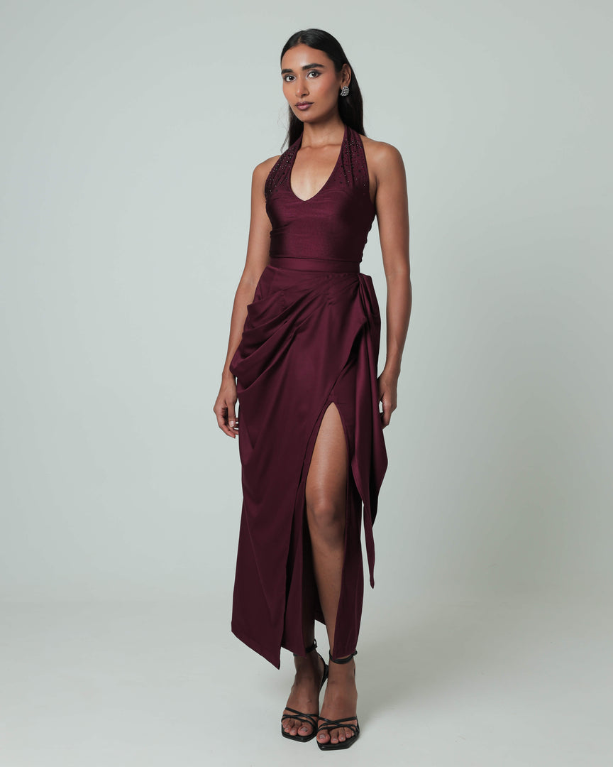 Maroon Wrap Midi Skirt