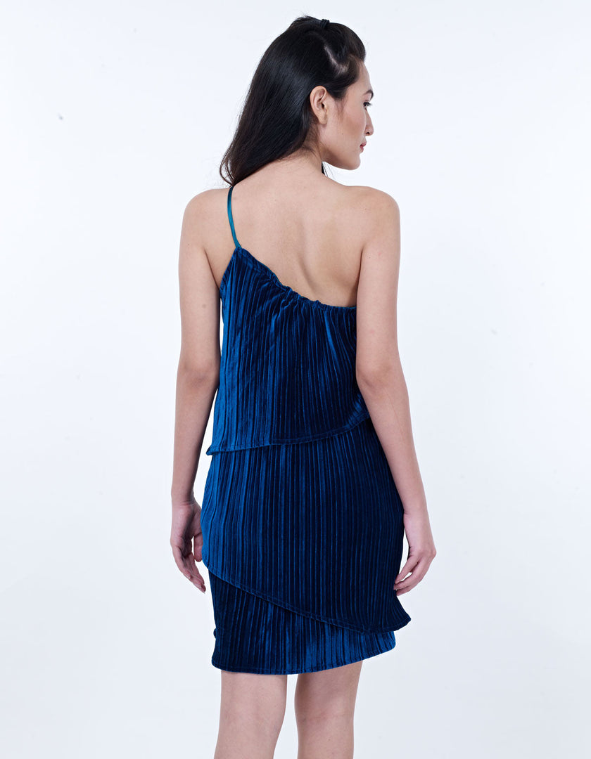 Navy Velvet Pleated Mini Dress