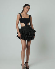 Cutout Bodysuit & Ruffle Mini Skirt Black
