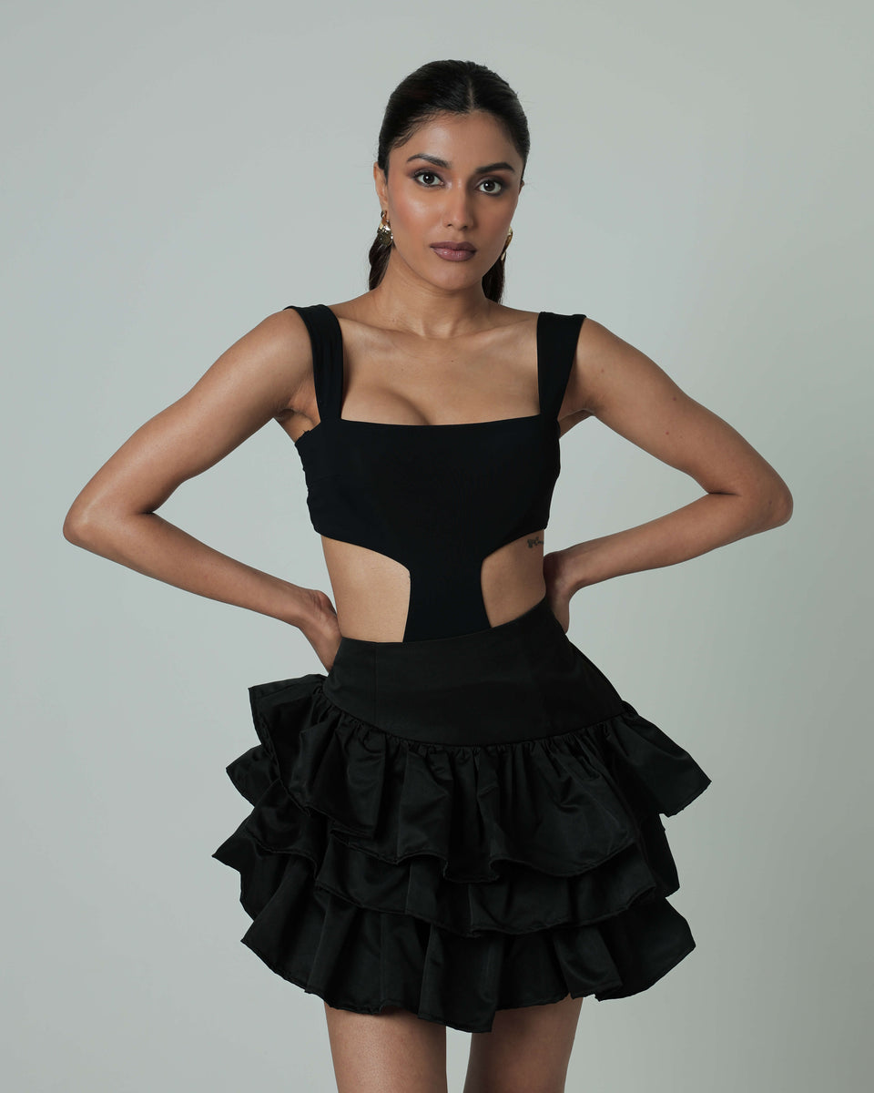 Cutout Bodysuit & Ruffle Mini Skirt Black – Arabellaa