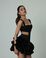 Cutout Bodysuit & Ruffle Mini Skirt Black