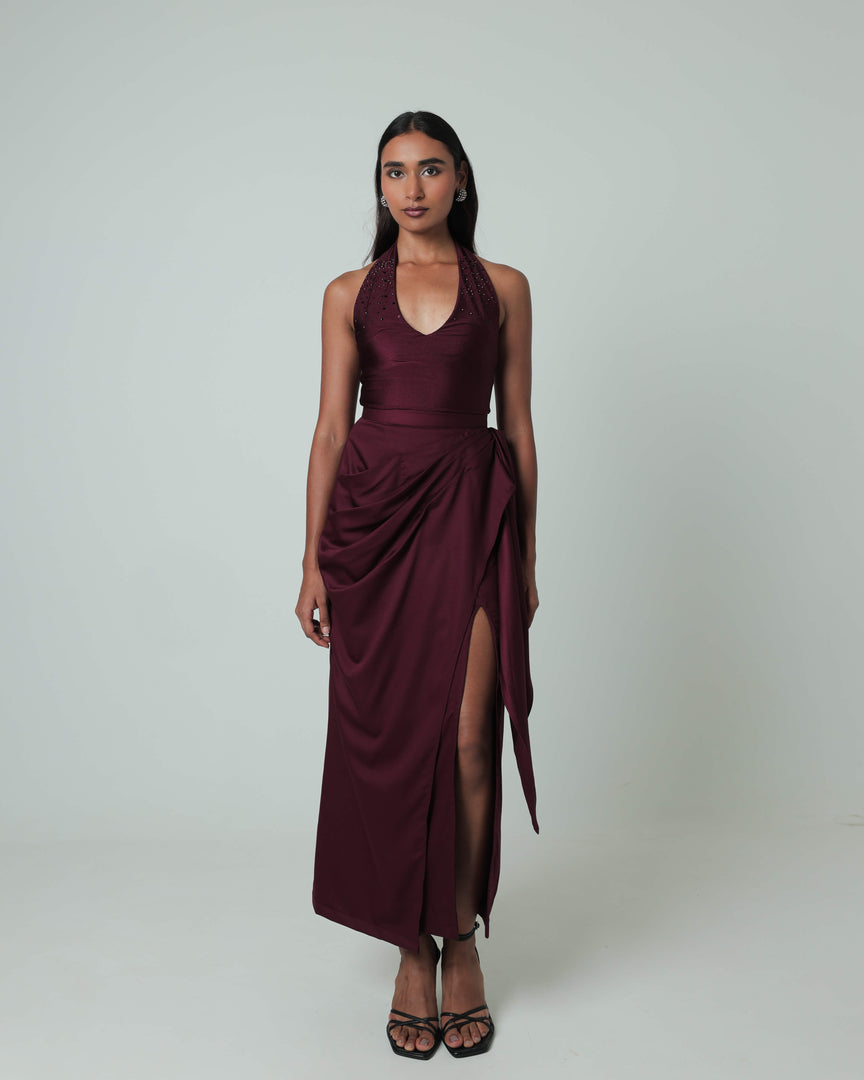 Maroon Wrap Midi Skirt